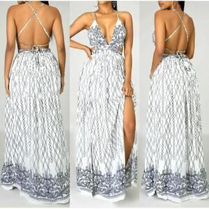 Miss Avenue White Maxi Dress Small Halter Criss Cross Open Back Boho Embroidered